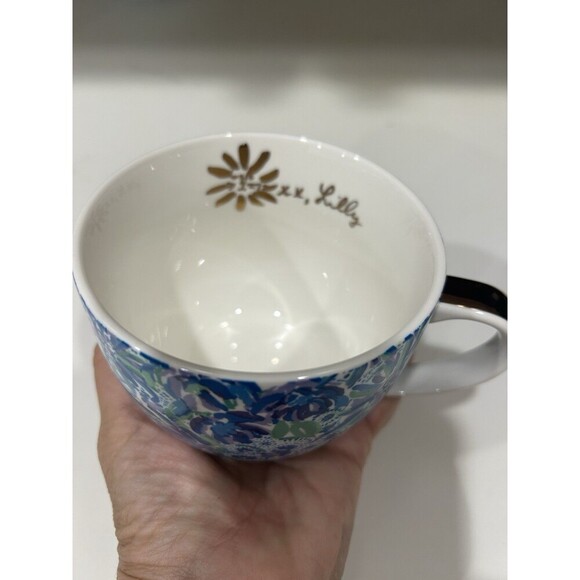 Lilly Pulitzer Mugs Set 2 Blue Floral Gold White Porcelain Coffee/Tea Cups 12 oz - Picture 6 of 8